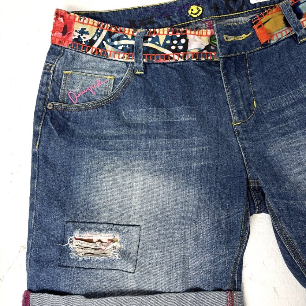 Desigual Denim High Waist Jean Shorts Life Embellished lace embroidery Size 34 - Picture 4 of 11
